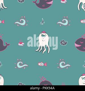 Turquoise seamless pattern with an octopus and fishes. Stock Vector