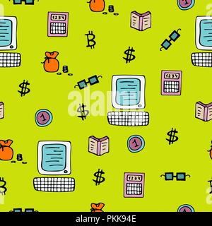 Bright seamless pattern for traders and brokers with the computer and cryptocurrency. Stock Vector
