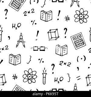 Monochrome seamless pattern with books, symbols and calculators. Stock Vector