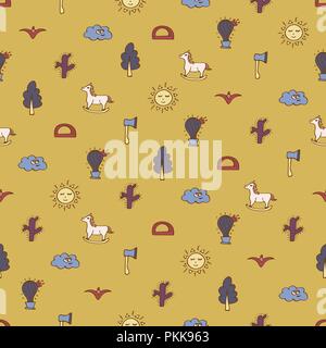Sand seamless pattern with horses, cactuses, trees and axes. Stock Vector
