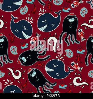 Dark seamless pattern with an octopus and fishes. Stock Vector