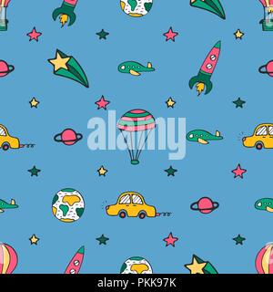 Blue seamless pattern for design with car, a rocket and balloons. Stock Vector
