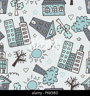 Light seamless pattern with skyscrapers, houses, and trees. Stock Vector