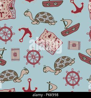 Gentle seamless pattern with turtles and the ships. Stock Vector