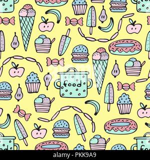 Colorful seamless pattern for cooks with food and ware. Stock Vector