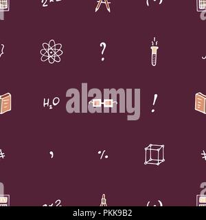 Scientific seamless pattern with books, symbols and calculators. Stock Vector