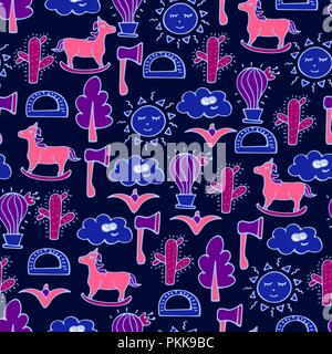 Lovely seamless pattern with horses, cactuses, trees and axes. Stock Vector
