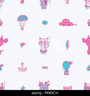 Gentle seamless pattern with a cat, a giraffe, a deer, and doodles. Stock Vector
