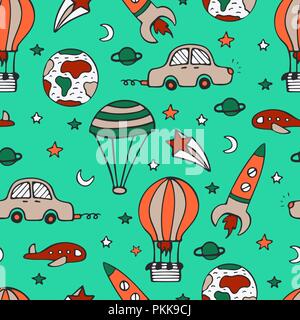 Bright seamless pattern for design with car, a rocket and balloons. Stock Vector