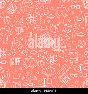 Peach seamless pattern with white doodles, koalas, squirrels, and hedgehogs. Stock Vector