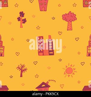 Orange seamless pattern with skyscrapers, houses and trees. Stock Vector