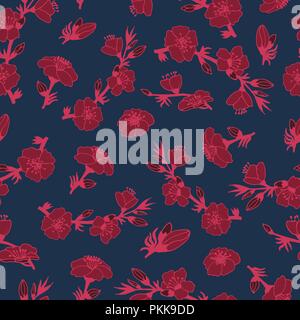 Bright flower seamless pattern with red apple tree colors. Stock Vector