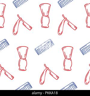 Hand-drawn illustration for Barbershop. Seamless pattern on the white background. Stock Vector