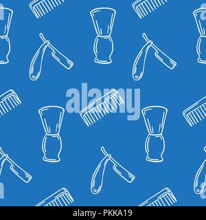 Hand-drawn illustration for Barbershop. Seamless pattern on blue background. Stock Vector