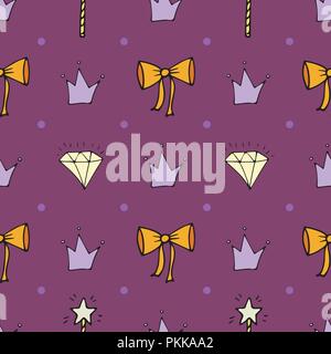 Lovely seamless pattern with hand-drawn bows, crowns, and diamonds. Stock Vector