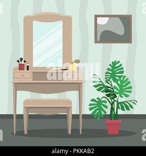 Vector trellis with mirror and cosmetics in the bedroom. Bedroom interior. Stock Vector