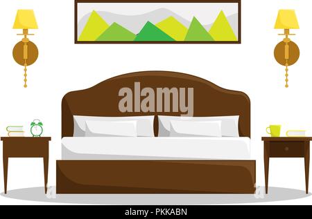 Isolated bedroom interior with double bed and bedside tables. Stock Vector