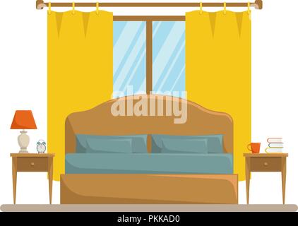 Isolated classic bedroom interior with double bed and bedside tables. Stock Vector