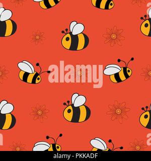 Seamless pattern with bees and flowers. Stock Vector