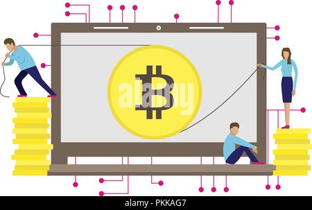Business vector illustration of bitcoin mining. Little men get bitcoin. Stock Vector