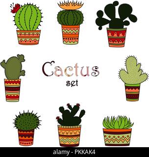 A set of color cactuses in pots in the Mexican style. White background. Stock Vector