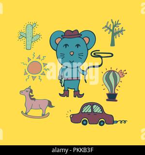 Hand-drawn mouse the cowboy with a lasso and in a hat. Stock Vector