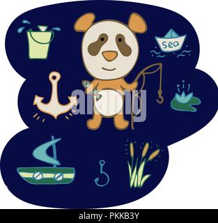 Lovely hand-drawn panda the fisherman with a rod and fish. Stock Vector