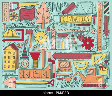 Colorful doodle set with construction, design and mechanism elements. Stock Vector