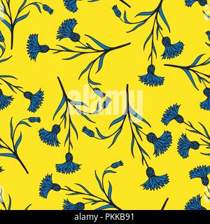 Bright flower seamless pattern with hand-drawn cornflowers. Stock Vector