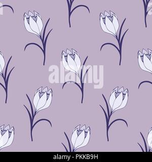 Gentle flower seamless pattern with lilac crocuses. Stock Vector