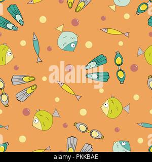 Bright vector seamless pattern with stock for diving and fishes. Stock Vector