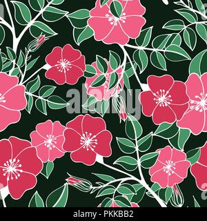 Bright flower seamless pattern with pink hand-drawn colors of a dog rose. Stock Vector