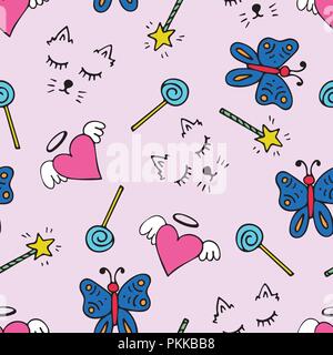 Lovely seamless pattern with a hand-drawn muzzle of a cat, hearts, butterflies and a magic wands. Stock Vector