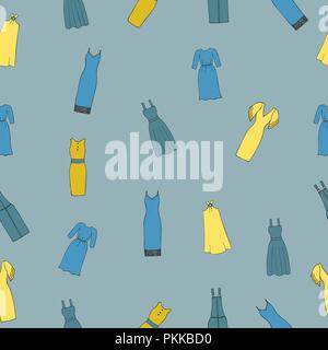 Seamless pattern with women's dresses on a blue background. Stock Vector
