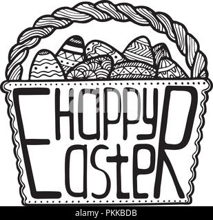 Basket with Easter eggs and a creative lettering inside. Stock Vector