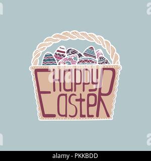 Basket with Easter eggs and a creative lettering inside. Stock Vector