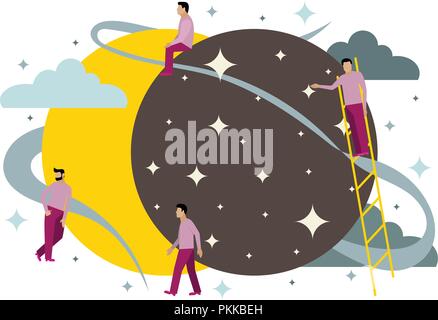 Vector illustration with little men for a solar eclipse. Stock Vector