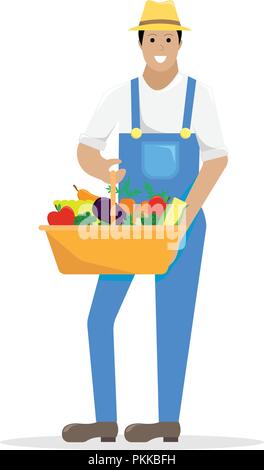 The farmer in overalls with a basket with a harvest in hands. Stock Vector