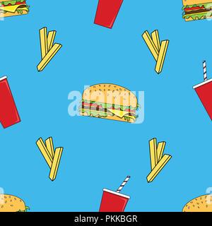 Vector seamless pattern with fast food. Stock Vector