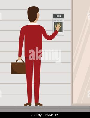 Vector illustration with the men in a red suit opening a door on a fingerprint. Stock Vector