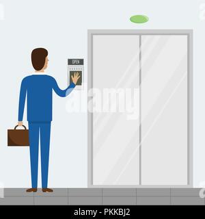 Modern poster with the person opening a door on a fingerprint. Stock Vector