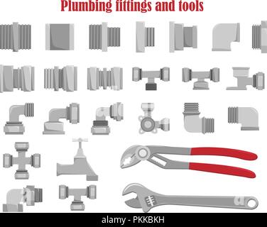 Color vector set of plumbing fittings and tools. Stock Vector