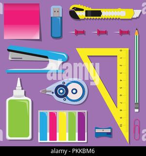 Flat set of stationery on the table. School or office vector set. Stock Vector