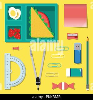 Flat set of stationery with lunch box on the table. School or office vector set. Stock Vector