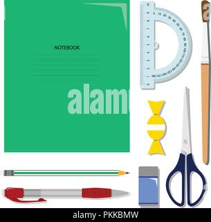 Flat set of stationery on the table. School or office vector set. Stock Vector