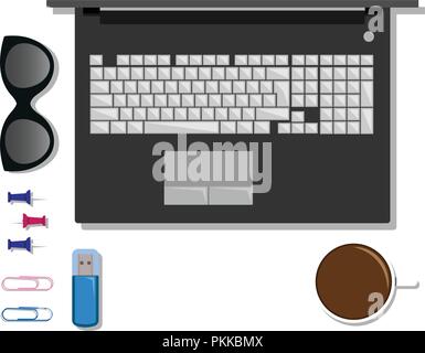 Flat set of stationery on the table with laptop. Stock Vector
