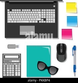 Flat set of stationery on the table with laptop. Stock Vector