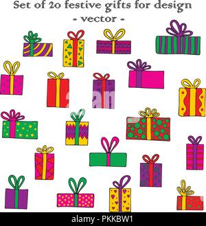 Set of 20 festive gifts for design. Hand-drawn colorful vector illustration. Stock Vector