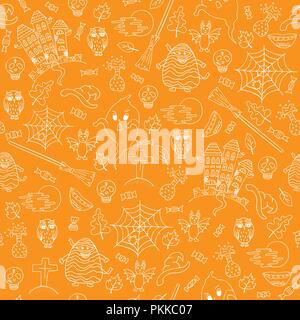 Hand-drawn Halloween orange seamless pattern with white doodles. Stock Vector