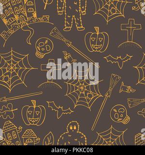 Hand-drawn Halloween brown seamless pattern with orange doodles. Stock Vector
